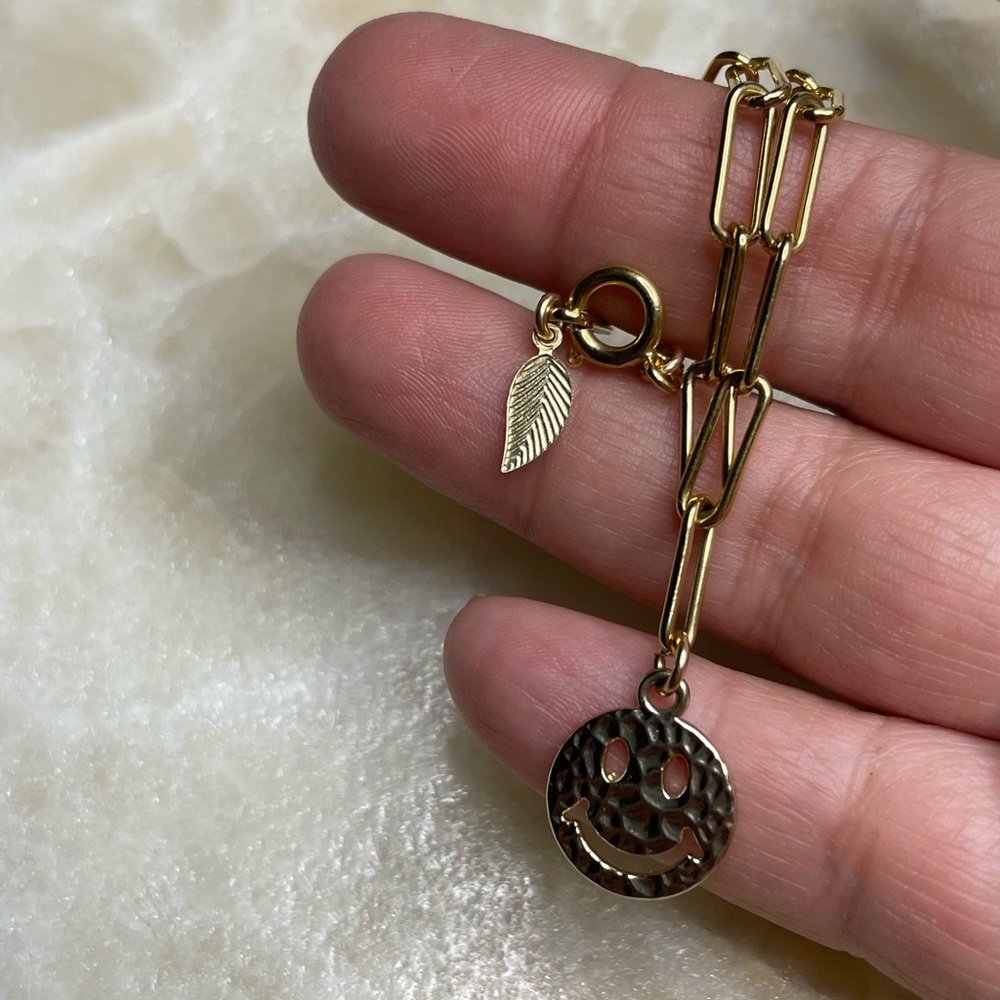 GOLD 14k Gold-Filled Paperclip Chain Bracelet - Smiley double side Face Charm - Picture 3 of 7
